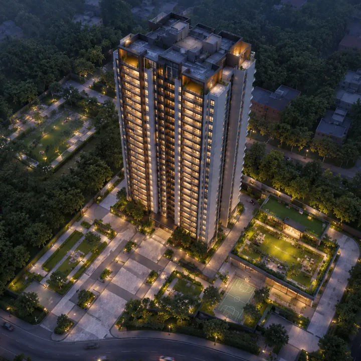 Urbanrise Begur Koppa Road aerial view at night - the residential tower, landscaped grounds and sports court on the 20-acre Hullahalli site
