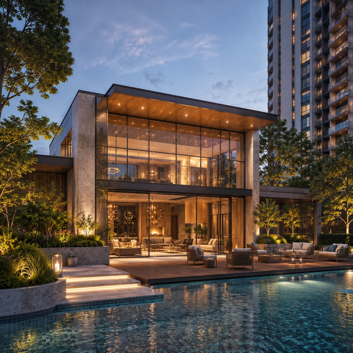Urbanrise Begur Koppa Road clubhouse exterior with pool deck