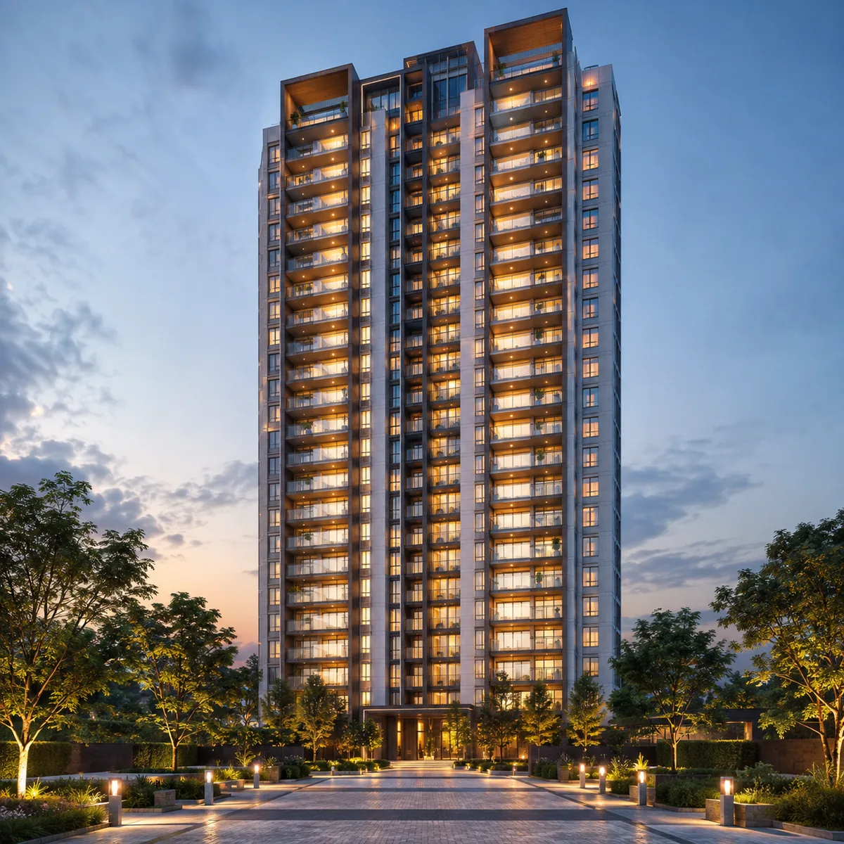 Urbanrise Begur Koppa Road residential tower elevation at dusk