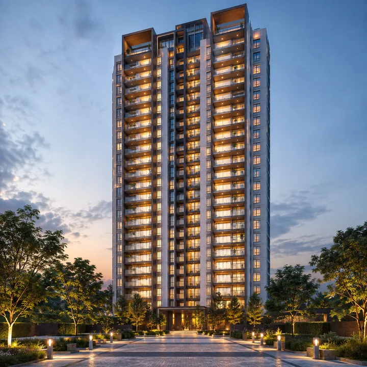 Urbanrise Begur Koppa Road residential tower elevation at dusk