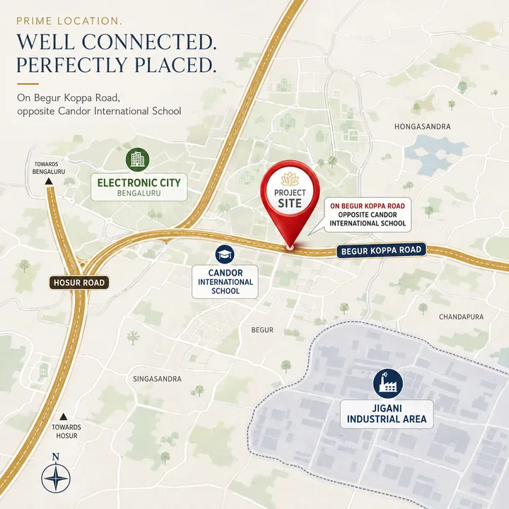 Urbanrise Begur Koppa Road location map showing the site opposite Candor International School, Begur Koppa Road, Hosur Road, Electronic City and Jigani Industrial Area
